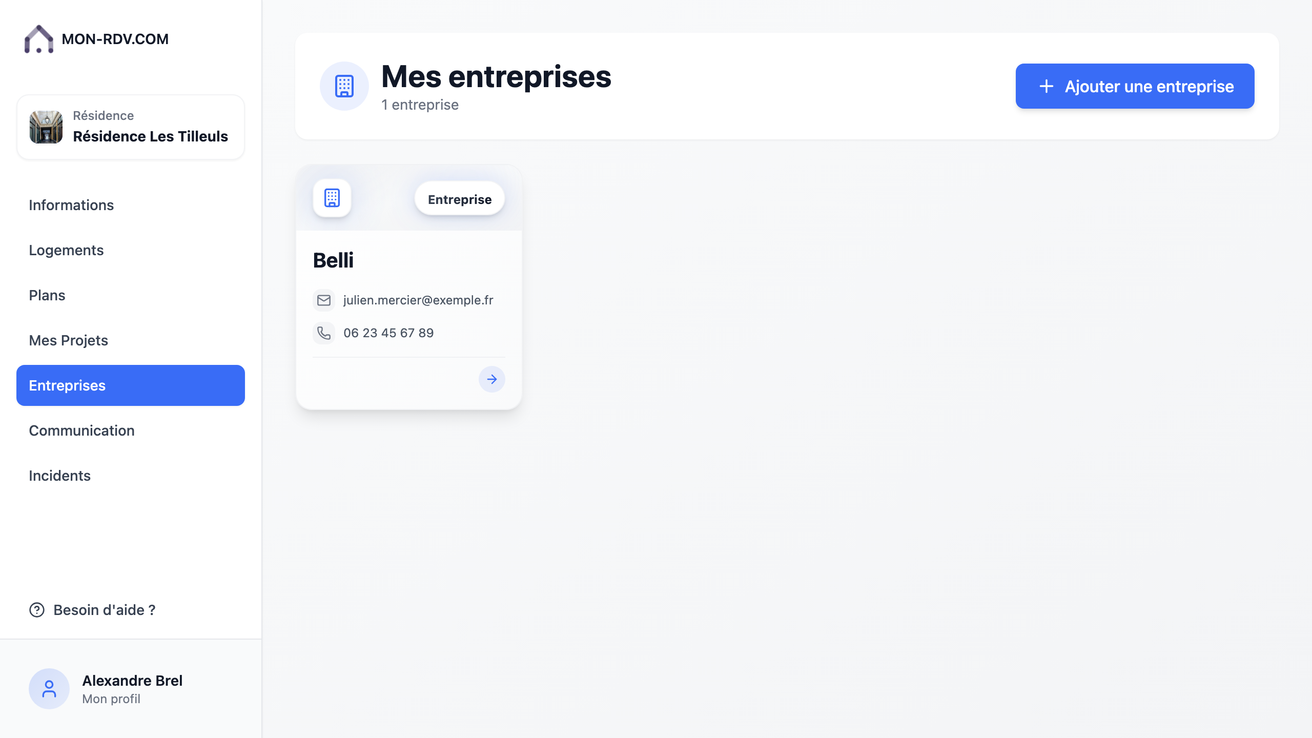 Aperçu de l'écran : Entreprises et intervenants