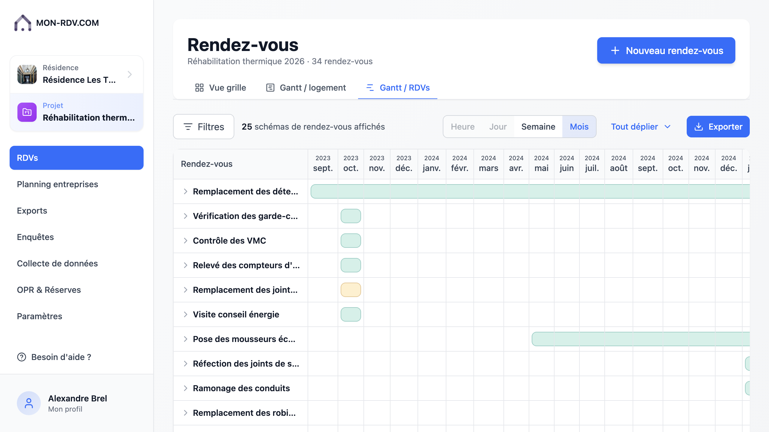 Aperçu de l'écran : Le Gantt des rendez-vous