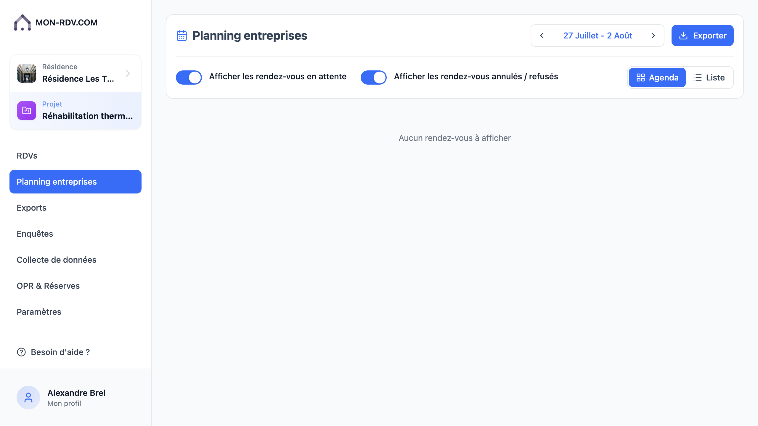 Aperçu de l'écran : Le planning entreprises